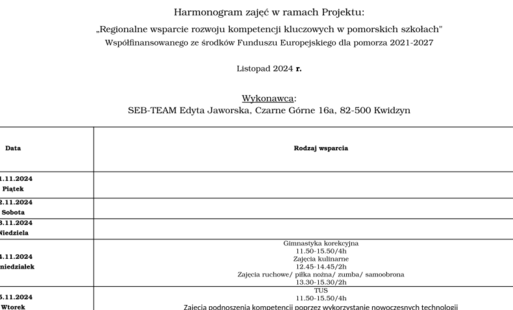 Zdjęcie do Harmonogram zajęć na listopad w ramach Projektu: &bdquo;Regionalne wsparcie rozwoju kompetencji kluczowych w pomorskich szkołach" Wsp&oacute;łfinansowanego ze środk&oacute;w Funduszu Europejskiego dla pomorza 2021-2027